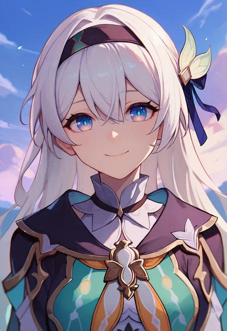 score_9,score_8_up,score_7_up,score_6_up, <lora:firefly_honkai_star_rail_v1_pdxl_goofy:1> firefly hsr, 1girl, solo, looking at viewer, smile, long hair, sky, bangs, closed mouth, blue eyes, hair between eyes, hair ornament, white hair, headband, cloud, star (sky)
