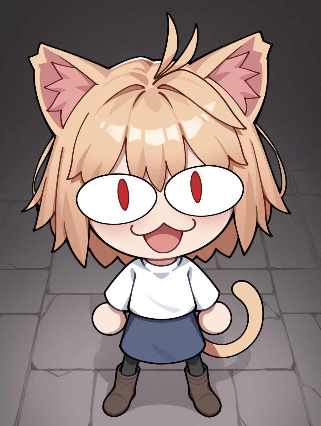 <lora:Neco_Arc_NS:1> neco arc, tail, cat ears, cat tail, cat girl, pantyhose, skirt, brown boots, chibi, open mouth, looking at viewer, masterpiece, best quality, amazing quality, very aesthetic, absurdres, new, newest,