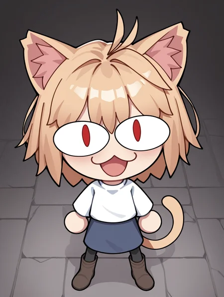 <lora:Neco_Arc_NS:1> neco arc, tail, cat ears, cat tail, cat girl, pantyhose, skirt, brown boots, chibi, open mouth, looking at viewer, masterpiece, best quality, amazing quality, very aesthetic, absurdres, new, newest,