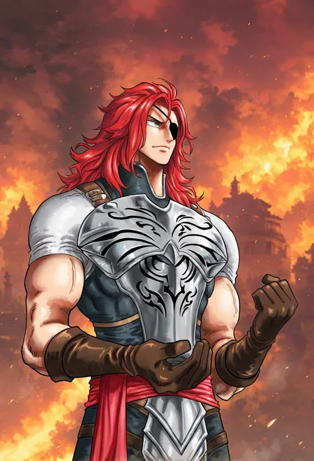 <lora:illustriousXLv01_stabilizer_v1.165c:0.5>, <lora:LBG_Style_for_IL_2.0:1> , lazympos, cowboy shot, 1boy, solo, muscular, red hair, medium hair, green eyes, eyepatch, chestplate, gloves, red sash