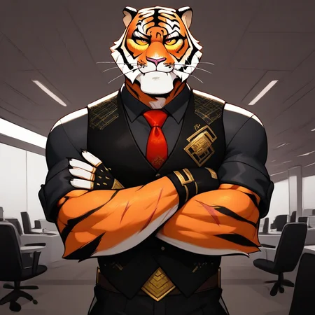 Masterpiece, best quality, high quality, detailed, Oscar, Fortnite Oscar, broad shoulders, mature male, orange eyes, yellow sclera, athletic build, animal ears, tiger, orange body, scars, anthro, anthro male, muscle gut, smiling, looking at viewer, arms crossed, standing, lavish office, black vest, black collared shirt, red tie, fingerless gloves