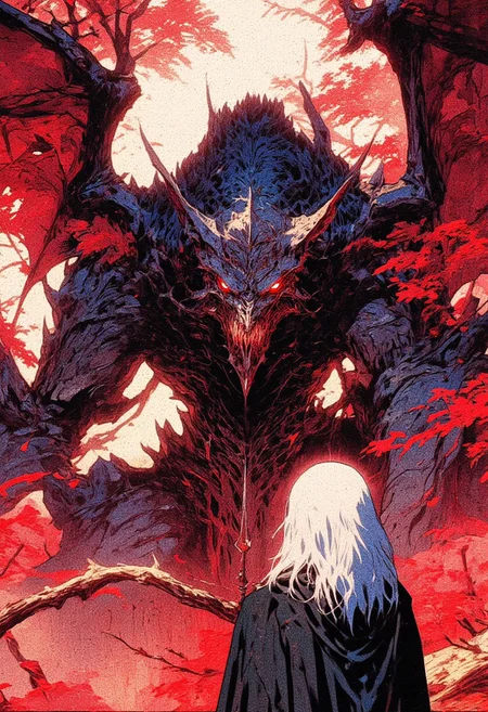 A breathtaking fantasy illustration capturing the dramatic encounter between a powerful, ancient dragon demon hybrid and a lone cloaked knight in steel armor, amidst an autumnal forest. The dragon dominates the scene with its massive, weathered body covered in obsidian-like scales that bear cracks and ridges. Its glowing, crimson eyes burn with the intensity of ancient wisdom and raw power. The dragon's vast wings are tattered yet majestic, with veins of molten red that pulse faintly, exuding an aura of age-old magic. Its horns and claws are jagged and worn. The cloaked figure stands resolutely before the dragon, their silver hair catching the soft, diffused light filtering through the fiery red autumn leaves. The moment captures an unspoken exchange of reverence, challenge, or mutual understanding.
The surrounding forest is alive with vibrant, deep red leaves that carpet the ground and swirl gently in the air, adding movement and drama to the scene. Shafts of light pierce the crimson canopy above. The atmosphere is heavy with awe and foreboding, as though nature itself holds its breath in the presence of these two figures. interplay of light and shadow. The overall aesthetic quality is very high, showcasing excellent use of lighting and composition, hand-colored, horror art, dark and gritty, highly detailed, hyper-realistic, watercolor, full-body shot, wide angle. style of Wes Anderson, Banksy, Choe, Giger, Clive Barker, Frank Miller,
