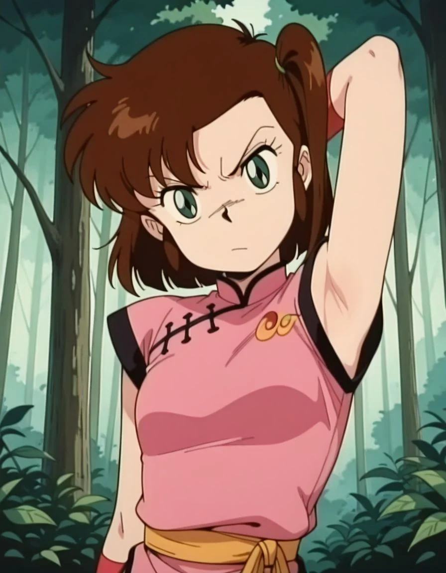 masterpiece, best quality, uncensored, arms at sides, (head tilt), upper body, angry, solo, forest background,
<lora:Yan0:1>, Yan0, 1girl, short hair, brown hair, green eyes, pink china dress, presenting armpit,