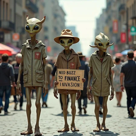 a group of funny looking tall aliens dressed like human with hats and sunglasses walking on the streets,((aliens holding a sign with the text "Need buzz to finance Earth invasion" ))
BREAK
Streets crowded with human people
BREAK
((View from side))