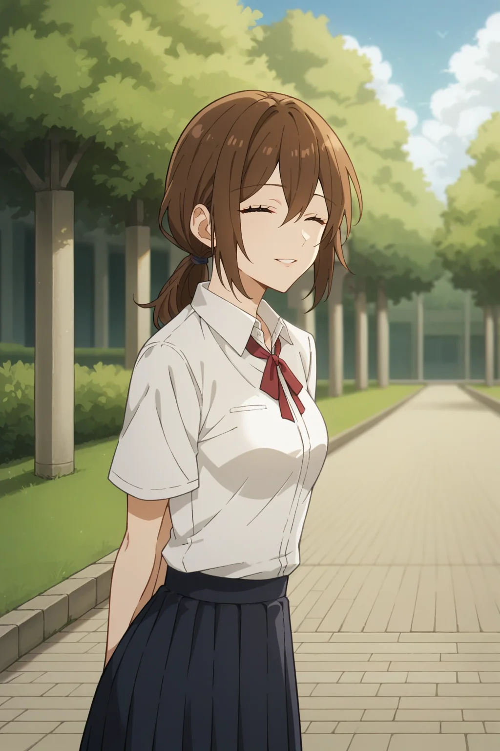 score_9, score_8_up, score_7_up, source_anime, 1girl, prefect lighting, very aesthetic, intricate details, highly detailed background, masterpiece, high quality, prefect hands, solo, best quality,
<lora:Yuriko_Hori_young_V1:.75>, brown hair, medium hair, hair between eyes, closed eyes, brown eyes, low ponytail, straight hair,
school uniform, black skirt, short sleeves,
Side view, arms behind back, smile, parted lips, looking at viewer, leaning forward, 
sunny, park, sidewalk, stone floor, grass, tree, cloudy sky,
(Beautiful, medium Breasts:1.2), natural breasts,