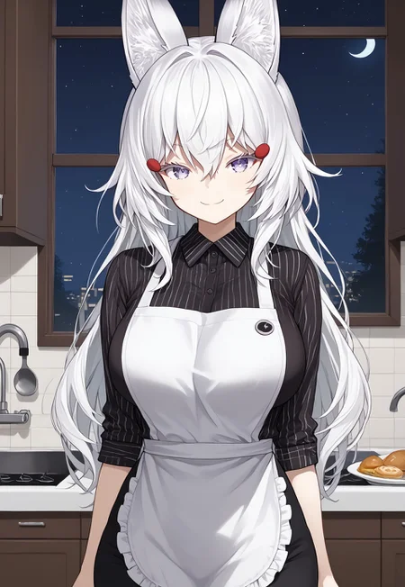 safe_pos, 1girl, solo, solo focus, highres, absurdres, tenma, white hair, long hair, hair ornament, animal ears, animal ear fluff, bangs, hair between eyes, large breasts, sidelocks,
black shirt, collared shirt, striped shirt, white apron, black pants,
looking at viewer, evil smile, naughty face, closed mouth, head tilt,
kitchen, window, night, night sky, dark, backlighting, silhouette,