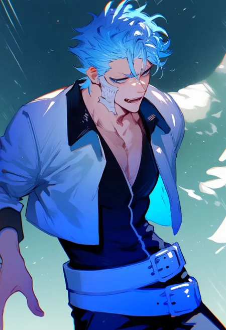 1boy, Grimmjow, blue hair and eyes, white crop jacket, black shirt, black pants, white belt, score_9, score_8_up, score_7_up, source_anime, expressive face