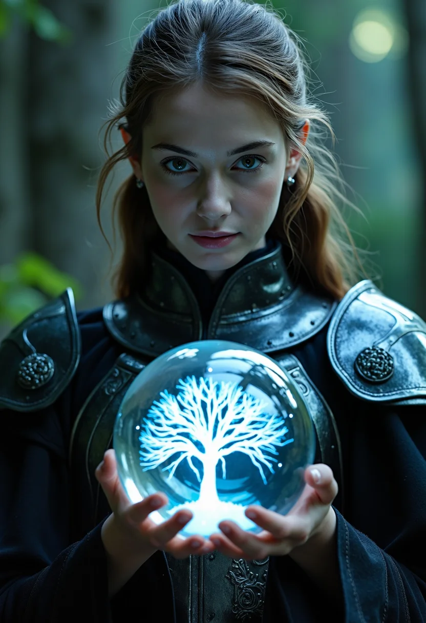cinematic film still, a mage woman, 20 years old, holding a magic lightning glass orb, glass mage armor, (Highest Quality, 4k, masterpiece, Amazing Details:1.1), film grain, Fujifilm XT3, photography, inside the orb is a tree made of lightning