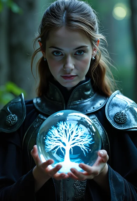 cinematic film still, a mage woman, 20 years old, holding a magic lightning glass orb, glass mage armor, (Highest Quality, 4k, masterpiece, Amazing Details:1.1), film grain, Fujifilm XT3, photography, inside the orb is a tree made of lightning