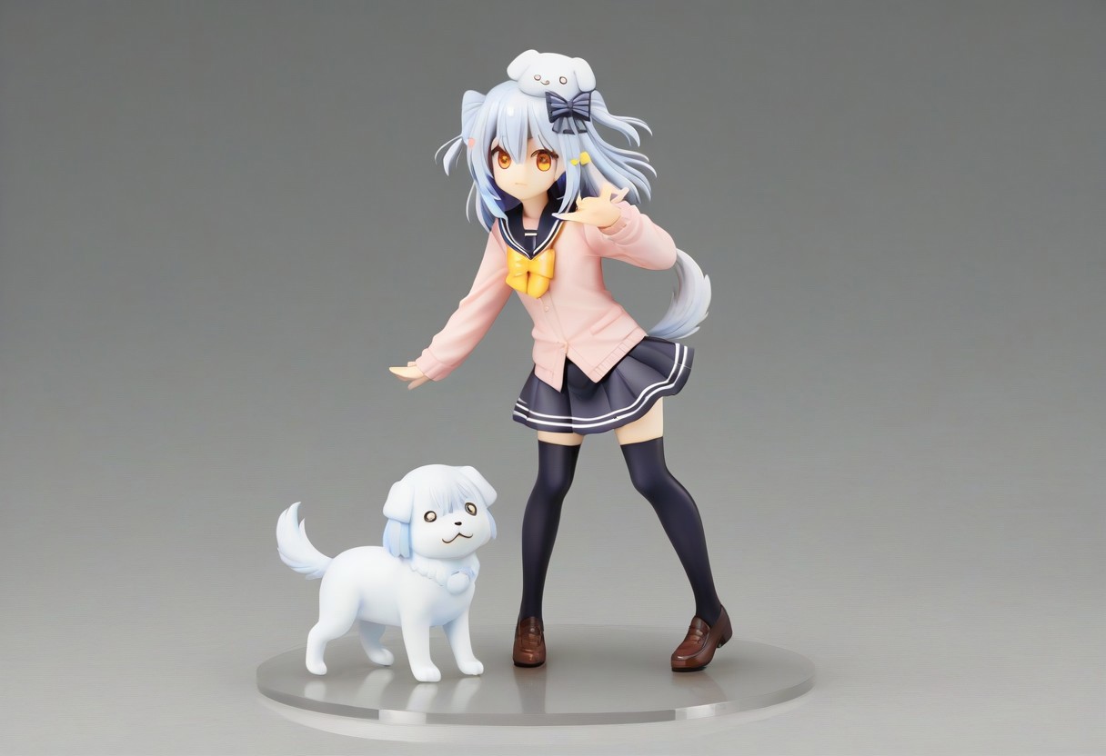 tamakiDefault, 1boy, dghd, dog hair ornament,  blue hair, grey hair, two side up, orange eyes, hair between eyes, dog tail, otoko no ko, multiple hair bows,  black bow, yellow bowtie, black skirt, black thighhighs, brown footwear, pink cardigan,