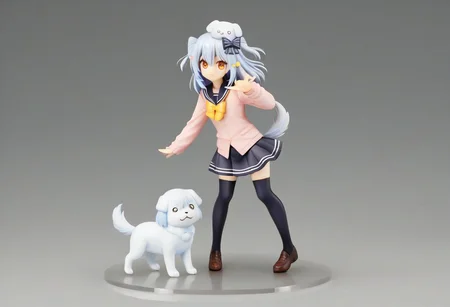 tamakiDefault, 1boy, dghd, dog hair ornament, blue hair, grey hair, two side up, orange eyes, hair between eyes, dog tail, otoko no ko, multiple hair bows, black bow, yellow bowtie, black skirt, black thighhighs, brown footwear, pink cardigan,