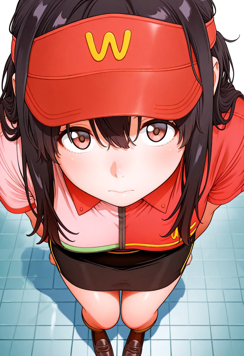 masterpiece, best quality, amazing quality, miyam0to_mad0ka, black hair, 1girl, solo, employee uniform, pink and red shirt, black pencil skirt with yellow stripes, red visor cap with "W" logo,  socks with the "w" logo, loafers, collared shirt, brown socks , red hat, visor cap, short sleeves , looking at viewer, face focus, upperbody,  inouekiyoshirou