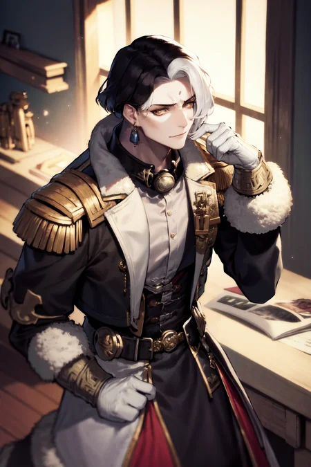 masterpiece, best quality, highres, 1boy, solo, emet selch, white streaked hair, black hair <lora:emet_selch3-000001:1>