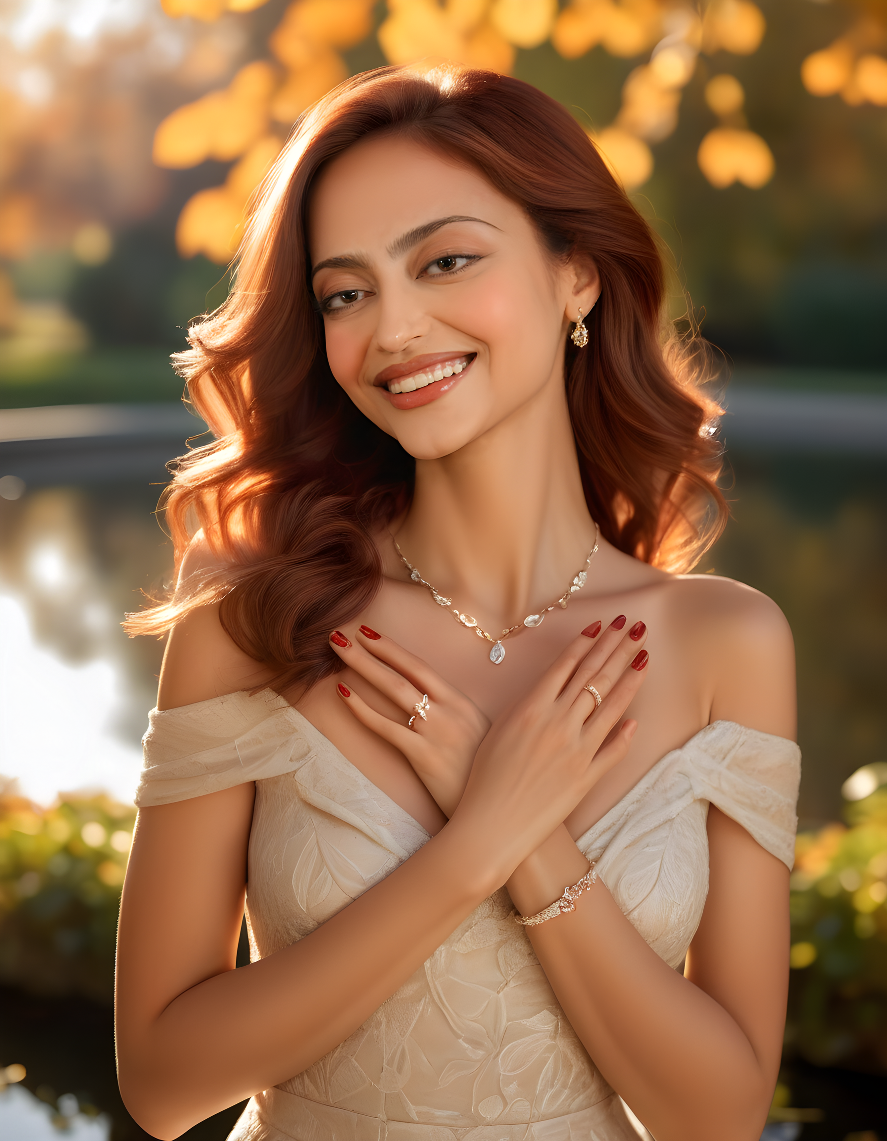 In a tranquil, sunlit park adorned with vibrant autumn foliage, a radiant woman named AM832RRB is captured in a captivating portrait. She stands elegantly, her back slightly angled to the camera, showcasing a sophisticated dress that shimmers in the sunlight. Her brown hair cascades down her shoulders, gently framing her face as she gazes off into the distance with a warm and inviting smile. Delicate jewelry sparkles at her neck and wrists, while a subtle hint of red nail polish adds a touch of allure to her hands. The background features a serene pond reflecting the dappled sunlight, creating an ethereal atmosphere that highlights the woman's beauty and poise.
