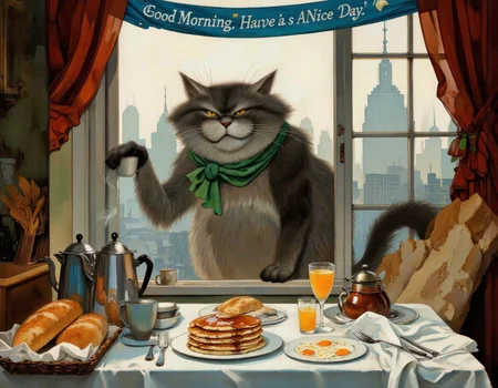 <lora:chzcat:1>, This image is a digital painting depicting a whimsical, surreal breakfast scene. The central figure is a large, anthropomorphic gray cat with a playful, mischievous expression, standing menacingly on the windowsill. The cat has a green scarf around its neck and is holding a coffee mug in its left paw. Its right paw is extended towards the table, as if reaching for something., 
The table, positioned in front of the window, is cluttered with breakfast items. On the left side, there are two loaves of bread, a coffee pot, and a teapot. In the middle, a stack of pancakes with syrup and a plate of scrambled eggs are arranged neatly. On the right side, there are two orange juices, one in a glass and the other in a mug. A white cloth is draped over the table, and a blue banner with the text "Good Morning, Have a Nice Day" hangs above the window., 
The background reveals a foggy, misty morning scene with a city skyline visible through the window. The colors are warm and inviting, with a mix of browns, greens, and oranges dominating the scene. The style of the painting is vibrant and expressive, with a touch of fantasy and whimsy.