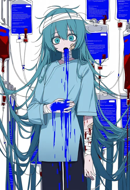 channelstyle, solo, intravenous drip, long hair, hospital gown, bandages, bandaged head, blood, 1girl, aqua eyes, looking at viewer, very long hair, pants, simple background, aqua hair, open mouth, hatsune miku, injury, messy hair, bandaid, empty blood bag, shirt, bandaged arm, cowboy shot, white background, long sleeves, hair down,blue screen of death, glitch,vomiting,
Blue Vomit
<lora:ChannelStyle-RASF-000100:1>channel \(caststation\)