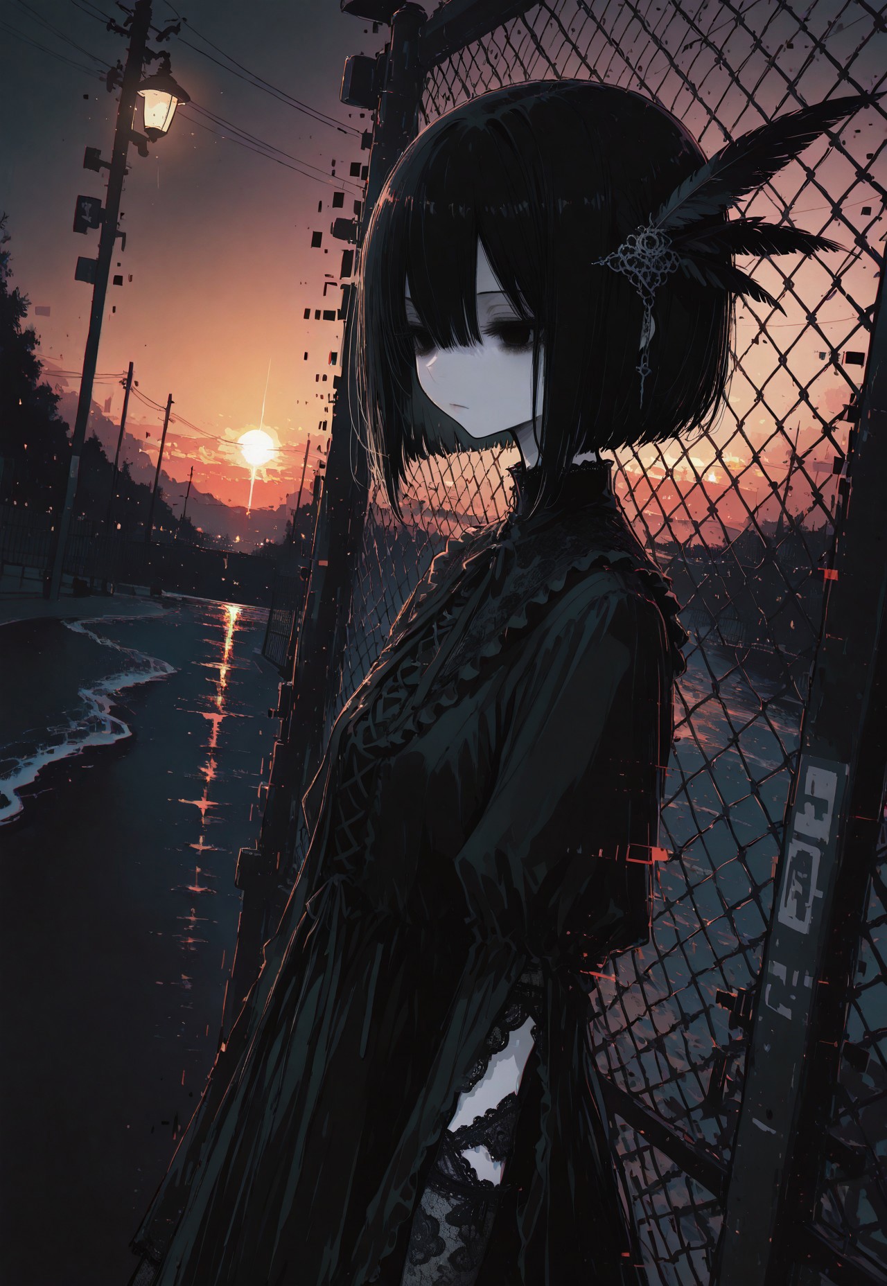 masterpiece,  best quality, good quality, very awa,  very aesthetic, absurdres, newest, oc-chan_(ketopon), 1girl, solo, black hair, bob cut, feather hair ornament, hair between eyes, black eyes, solid eyes, expressionless, pale skin, goth fashion, frilled dress, high collard,lace trim, standing behind fence, chain-link fence in foreground,from outside, touching fence, lace elbow gloves, nail polish,  upper body, outdoors, seaside, sunset, backlighting, raytracing,  scenery, spotlight, lamp post, utility pole, dark theme,chromatic aberration, from side, dutch angle, limited palette, no lineart, no outline,painterly, glitch art, flat color, 15546+456868, r17329_illu,