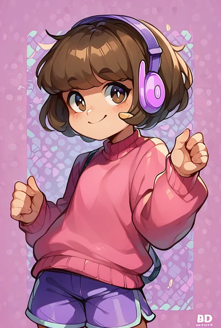 score_9, score_8_up, score_7_up,, good quality ,, character focus, solo, , best quality , detailed background, <lora:melodii-05:1> melodii, brown hair, 1girl, short hair, purple headphones, pink sweater, long sleeves, purple shorts