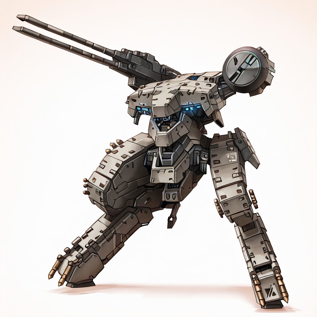 mgrex, mechanical legs, railgun, robot, no humans, gun, glowing, bipedal war machine, military vehicle, heavy armor, science fiction, mecha, military sci-fi, instrument, solo, advanced sensors, weapon, industrial design,