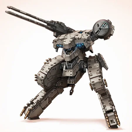 mgrex, mechanical legs, railgun, robot, no humans, gun, glowing, bipedal war machine, military vehicle, heavy armor, science fiction, mecha, military sci-fi, instrument, solo, advanced sensors, weapon, industrial design,