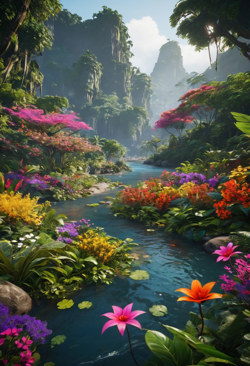 unreal engine 5 render, jungle, river, flowers, extremely detailed, colorful