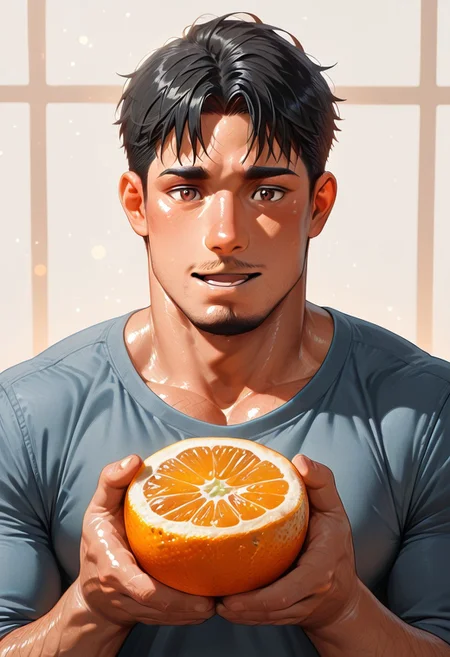 masterpiece, best quality, amazing quality, absurdres, newest, detailed background, definition so sharp, Ultra-HD, 8K cinematic, very awa, impressionate, amazing quality, highres, simple background, abstract,
solo, male focus, manly, shadow, shiny skin, pastel colors, soft coloring, bokeh,
orange peel, BREAK torithor, (1boy, bara, short hair, black hair, brown eyes, facial hair), extream close-up, casual clothes, excited, cheerfull, orange \(fruit\), <lora:Orange_Peel:0.8>