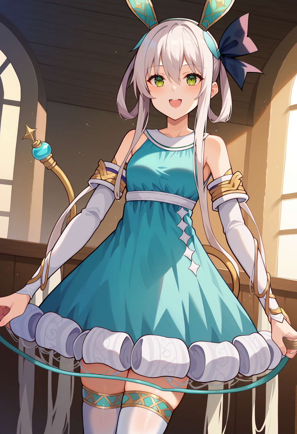 score_9, score_7_up, hd, (ultra hd quality details), indoors, source_anime, light particles, moody lighting, sunlight,
solo, 1girl, plachtasp2base, hairband, fake animal ears, hair ornament, hair between eyes, small breasts, 
pls2defclothes, aqua dress, blue dress, very long bangs, very long hair, hair rings, bare shoulders, long sleeves, detached sleeves, golden armlet, elbow gloves, white thighhighs, cable tail,
avert gaze, smile, open mouth, 
dutch angle,
 <lora:_plachta_sophie2-elesico-pony-06:0.9>