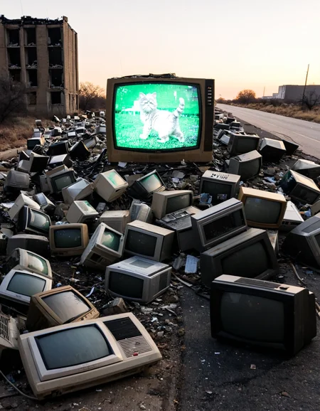 photograph , <lora:detailed:0.5> detailed style, <lora:perfection style:1> perfection style
<lora:Money_is_For_Nothing_TV_Morph_SDXL:1>
a giant statue of a cat, made our of crt televisions, abandoned by the side of the road, flickering screens showing tv static, cinematic, trash strewn around