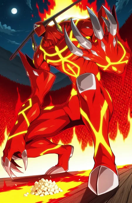 sk21_spof, humanoid, solo, 
from below, aura,
leaning forward, raised hand,
on one knee,
claws,
giant, 
<lora:[Char - IL] Shaman King - Spirit of Fire (R1E14):1> 
BREAK
corn field, barn, burning corn field,
popcorn kernels in floor, flying popcorn,
night,
best quality, masterpiece, highres,