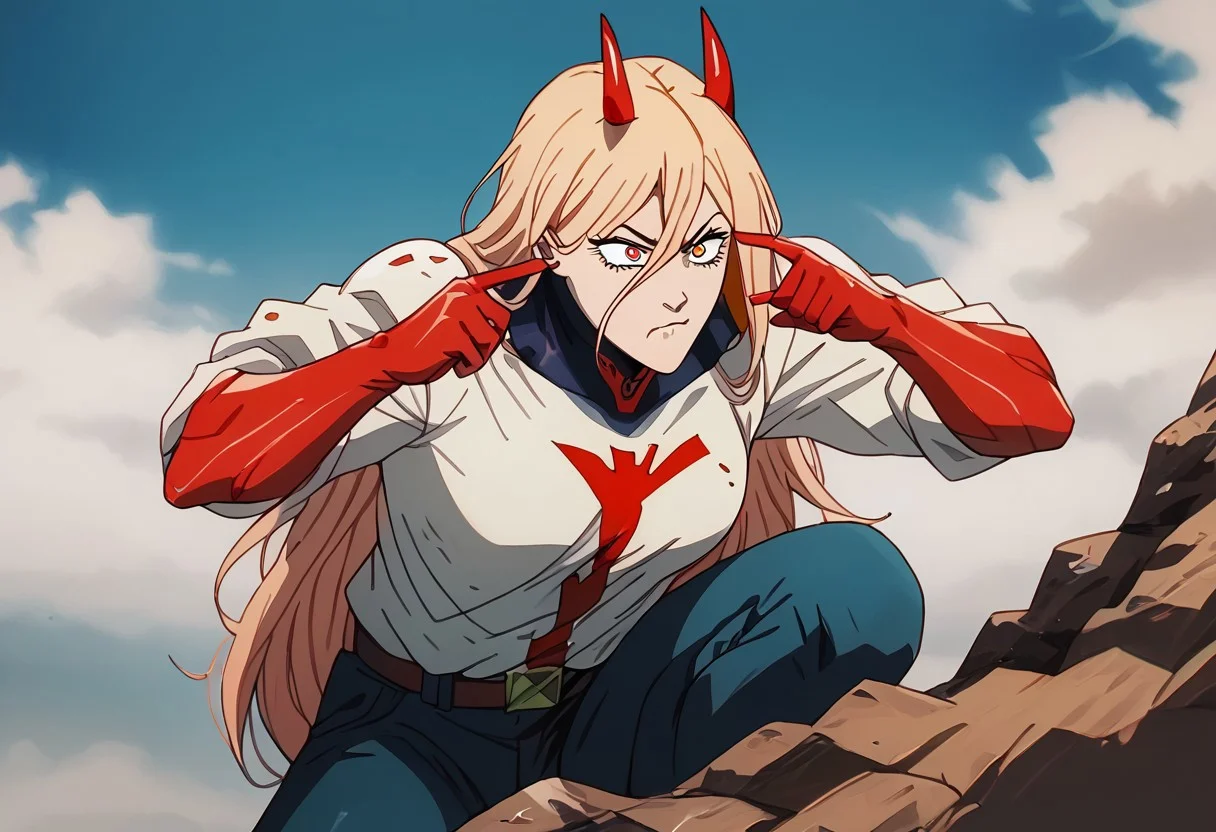 score_9, score_8_up, score_7_up, <lora:ThinkMarkThinkPony:0.9> Thinkmarkmeme, Thinkmarkmemeomnimanandmark, 1 girl, 1 boy
BREAK
((1 girl, power, long hair, blonde hair, red horns,demon pupils, Thinkmarkmemeomniman, squatting pointing to self, pointing to self, squating, squat, solo focus, RoleOmniman)),
BREAK
((1 boy, denji, short hair, orange hair, Thinkmarkmemeinvincible, resting on rocks, lying on rocks, Roleinvincible))