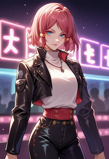 score_9, score_8_up, source_anime, 1girl, solo, RoseTales, blue eyes, pink hair, short hair, hair tubes, cowboy shot, nightclub, neon lights, bokeh, depth of field, makeup, leather jacket, turtleneck, high waist pants, <lora:ChamRoseToZPonyXL:1>
