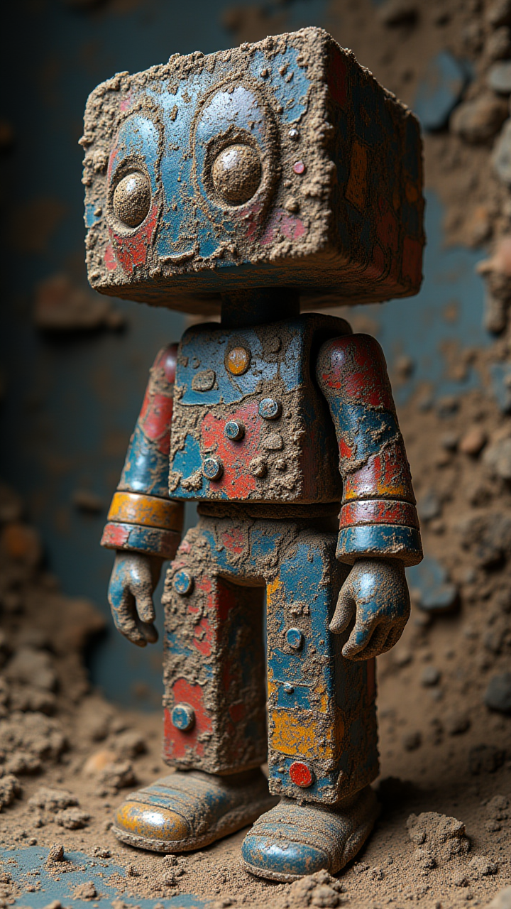 contemporary fine detail, A Atari 2600 Style figure, adorned in Emotional patterns and designs, stands tall in the middle of an Pitiful artifact. The face is covered by a thick layer of dust, aidmaMJ6.1