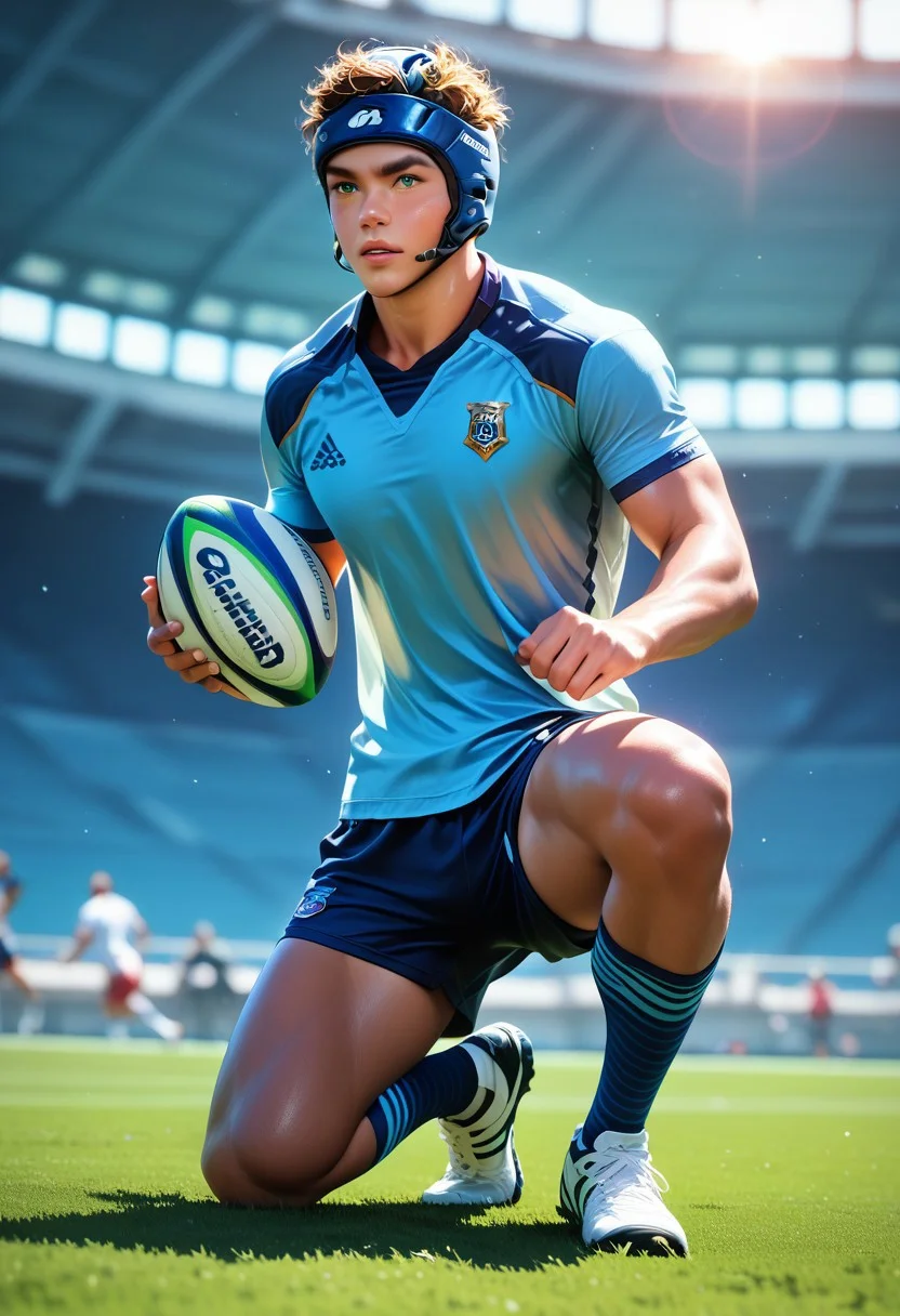 8k, score_9, score_8_up, score_7_up,
detailed face,detailed eyes,masterpiece,ultra detailed, vibrant colors,
1 boy,muscular male,
shirts,shorts, headgearsocks,
(body type:athletic build, pose:crouched, detailed clothing:1.2), (accessories:protective headgear), holding rugby ball, in action, (facial features:1.3), (expression:focused), actively engaged, mid-play in scrum, middle-ground, facing viewer, on a grassy rugby field, photorealistic, sport action, high detail, (detailed skin texture:1.2), (detailed clothing texture:1.2), (detailed accessories:1.2), (expression:intense), (detailed hair:1.1), (color palette:blue and green), realistic lighting, sharp focus, sporting event, digital painting, dynamic composition, realistic rugby ball, shot from a slightly low angle, emphasizing the player's powerful stance.
dynamic lighting,cinematic lighting, professional lighting,