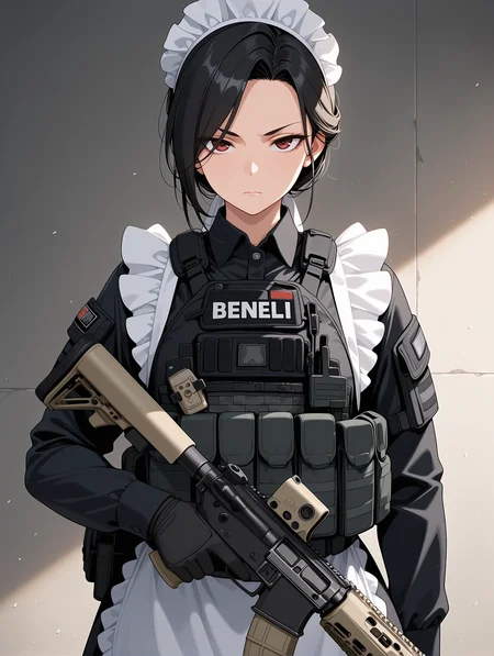 mature maid, black hair, bulletproof vest, tactical gear, maid uniform, serious looking,benelli m4, 
,masterpiece,best quality,amazing quality,