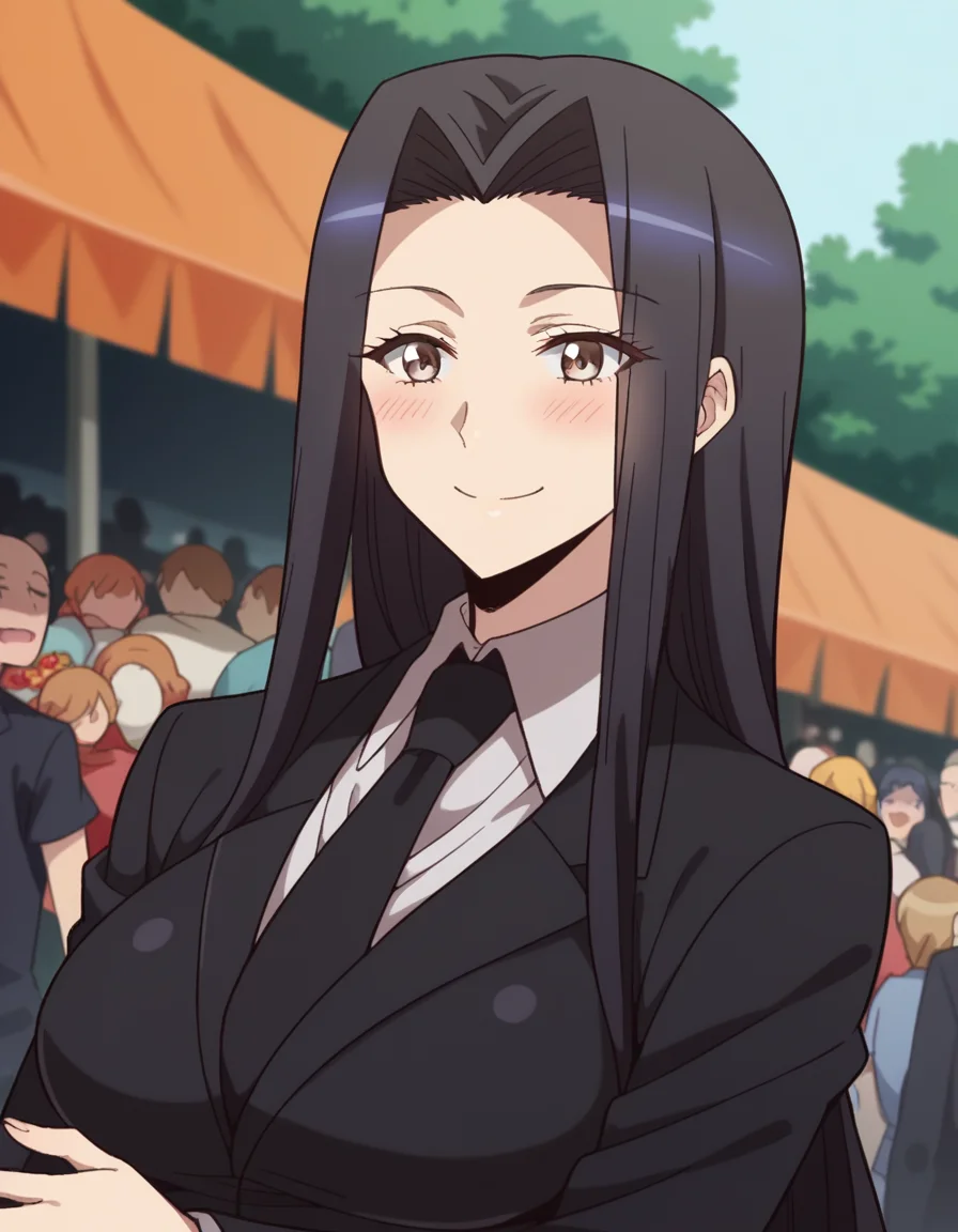 score_9, score_8_up, score_7_up, source_anime, <lora:kuroko-smith-s1-ponyxl-lora-nochekaiser:1>, kuroko smith, long hair, black hair, parted bangs, brown eyes, large breasts,, shirt, necktie, formal, suit, black necktie,, street market, vendor, street food, bustling crowd, local flavor, vibrant, smile, , hand on stomach, blush,, solo,, dutch angle,
