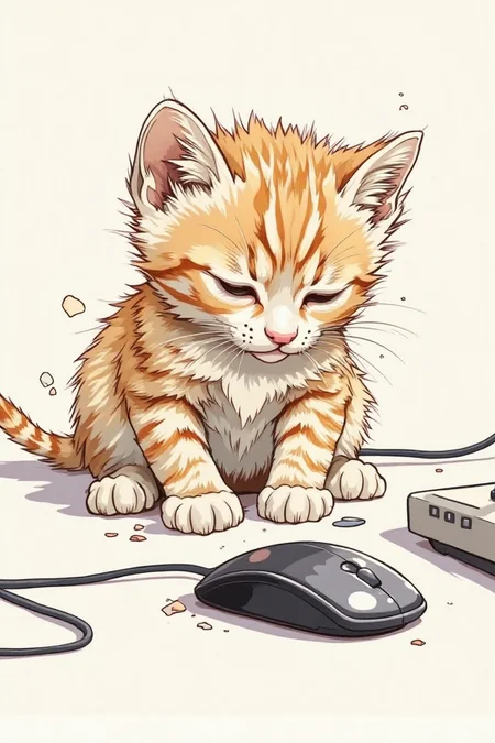 hand-drawn sketch of a kitten batting at a computer mouse, in Color sketchnote style.