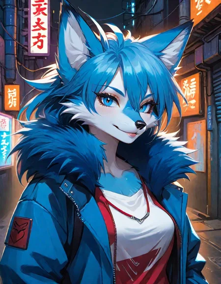 highly detailed, masterpiece, best quality, official art, anime style, (fox girl), furry body, blue fur, slight smile, dressed in casual clothing, cyberpunk alley, character portrait, upper body, <lora:Anime_Furry_Style_SDXL:0.8>