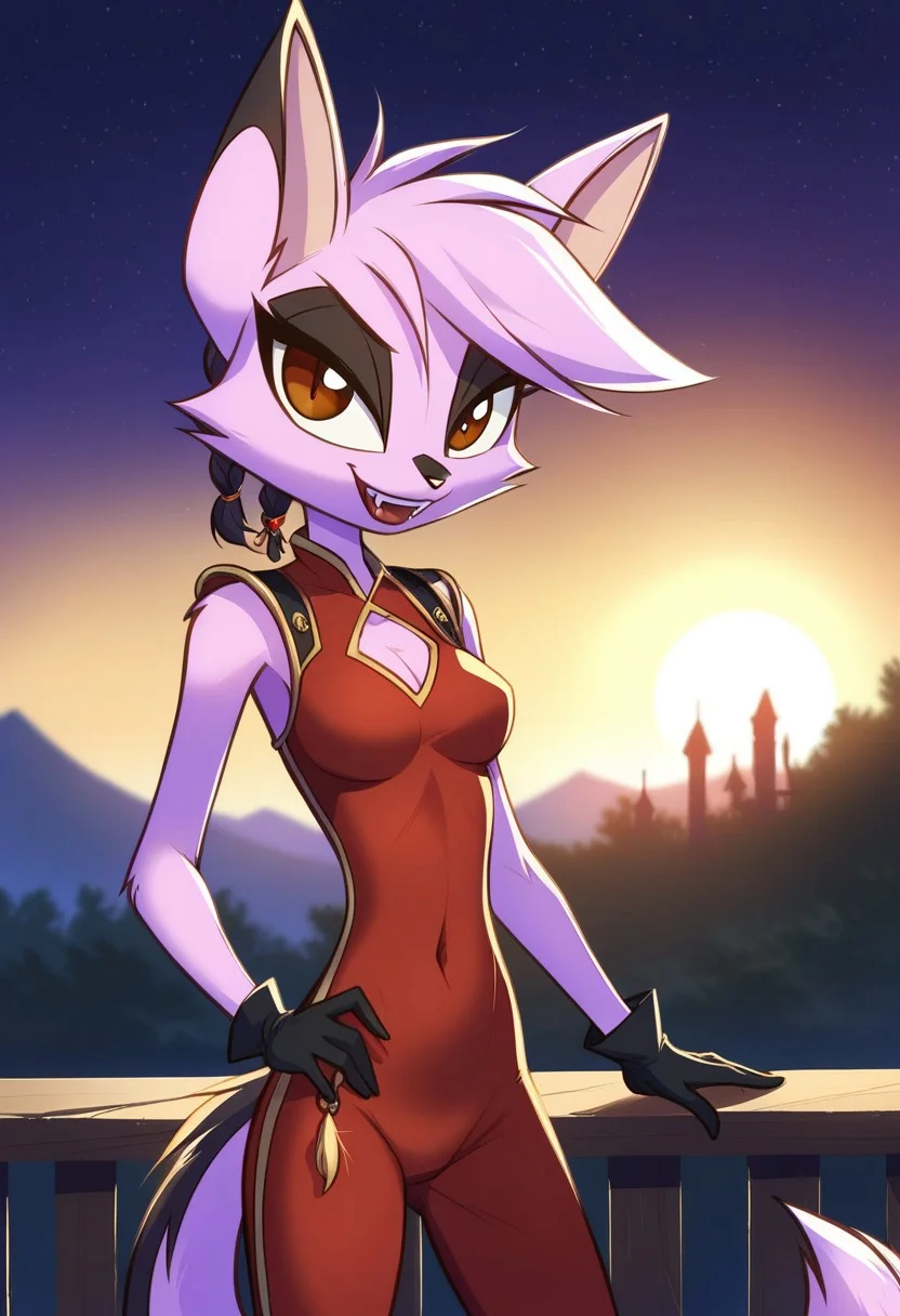 score_9, score_8_up, score_7_up, Dreamkeepers,Viriathus_Vayu,1girl,solo,short hair,animal ears,tail,brown eyes,purple hair,body fur,animal nose,,<lora:dreamkeepers_multipleCharacters:0.8>,
masterpiece,best quality,amazing quality,very aesthetic,high resolution,ultra-detailed,absurdres,newest,scenery,depth of field,scenery,volumetric lighting, beautiful, looking at you, hair ornament,hair over one eye, earrings,braided ponytail,puffy sleeves,gold trim,gloves,bodysuit,,shoulder cutout,covered navel,hip vent,clothing cutout,tassel, ((vampire)), ((fangs)), ((vampirized)), ((vampire fangs)), evil, evil smile, blood on mouth, blood on body, blood on face, cowboy shot, cowboy_shot, night, night background