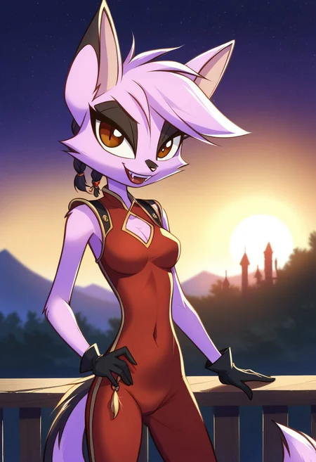 score_9, score_8_up, score_7_up, Dreamkeepers,Viriathus_Vayu,1girl,solo,short hair,animal ears,tail,brown eyes,purple hair,body fur,animal nose,,<lora:dreamkeepers_multipleCharacters:0.8>,
masterpiece,best quality,amazing quality,very aesthetic,high resolution,ultra-detailed,absurdres,newest,scenery,depth of field,scenery,volumetric lighting, beautiful, looking at you, hair ornament,hair over one eye, earrings,braided ponytail,puffy sleeves,gold trim,gloves,bodysuit,,shoulder cutout,covered navel,hip vent,clothing cutout,tassel, ((vampire)), ((fangs)), ((vampirized)), ((vampire fangs)),  evil, evil smile, blood on mouth, blood on body, blood on face, cowboy shot, cowboy_shot, night, night background