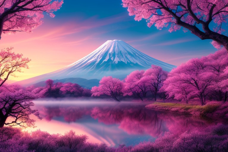 Mh1$AgThS2, intricate linework with expressive contrasts, soft lighting with dynamic highlights, a tranquil large lake in the uplands, sakura trees, blossom, mist, dawn, reflection, with mount fuji in the distance, no humans, In the style of ff-td, FanLan