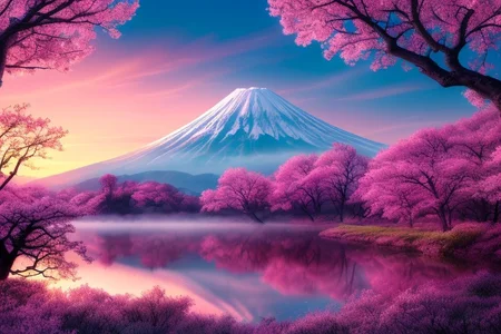 Mh1$AgThS2, intricate linework with expressive contrasts, soft lighting with dynamic highlights, a tranquil large lake in the uplands, sakura trees, blossom, mist, dawn, reflection, with mount fuji in the distance, no humans, In the style of ff-td, FanLan