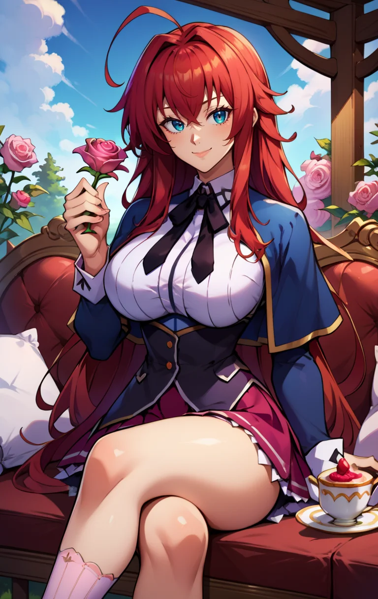 score_9, score_8_up, score_7_up, score_9, BREAK <lora:RiasGremorySDXL:0.8> riasgremorySDXL, 1girl, solo, long hair, breasts, looking at viewer, smile, bangs, blue eyes, skirt, large breasts, shirt, long sleeves, ribbon, holding, hair between eyes, sitting, very long hair, closed mouth, school uniform, flower, ahoge, red hair, outdoors, food, sky, day, socks, miniskirt, tree, cup, pillow, black ribbon, neck ribbon, capelet, rose, crossed legs, white socks, couch, holding cup, pink flower, teacup, cake, teapot, pink rose, black capelet, rias gremory