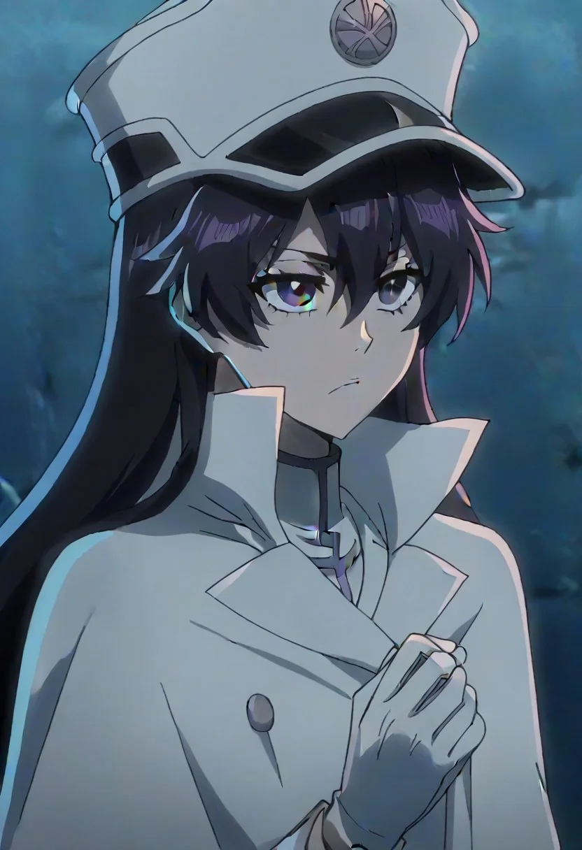 source_anime, anime screencap, anime coloring, nsfw, uncensored, <lora:Bambietta_Basterbine:1>Long hair, black hair, hair between eyes, dark purple eyes,, hat, peaked cap, white headwear, white gloves,