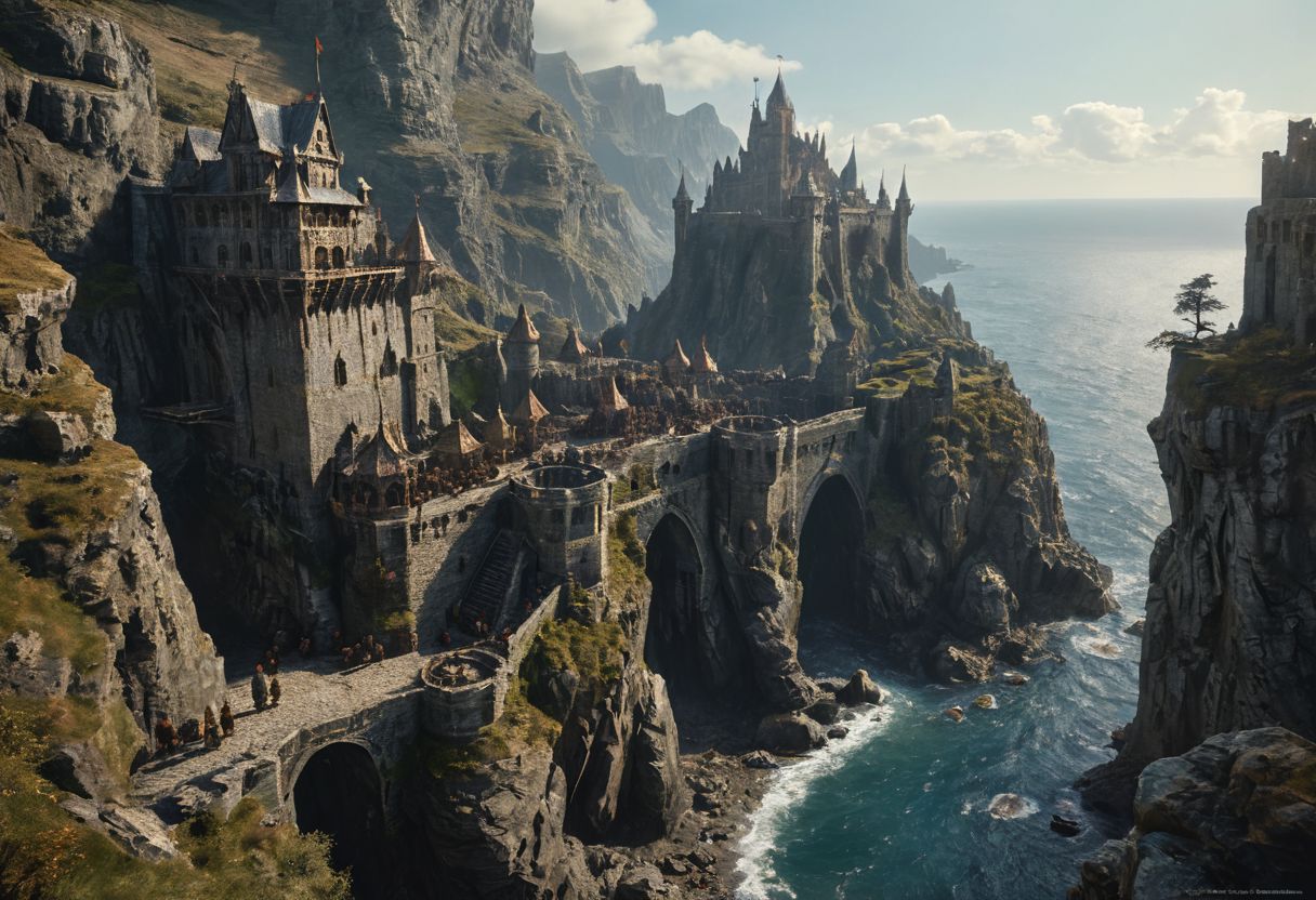 extremely detailed, hero shot, high detail, hires textures, incredibly detailed, intricate details, intricate diorama, masterpiece, outstanding intricacies, photorealism, true masterpiece, cliff background, pleasant, Stately, ( dnd fantasy, a group of humans and elves and dwarves in the foreground in a fantasy world, castle fortress on distant cliffside), with fantasy antiquity-ships in the far-distant background near horizon