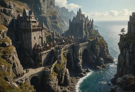 extremely detailed, hero shot, high detail, hires textures, incredibly detailed, intricate details, intricate diorama, masterpiece, outstanding intricacies, photorealism, true masterpiece, cliff background, pleasant, Stately, ( dnd fantasy, a group of humans and elves and dwarves in the foreground in a fantasy world, castle fortress on distant cliffside), with fantasy antiquity-ships in the far-distant background near horizon
