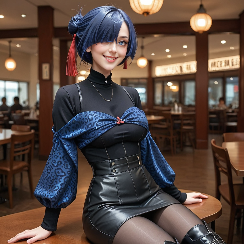 score_9_up, score_8_up, score_7_up, (masterpiece), (best quality), (ultra-detailed), (very aesthetic:1.2), intricate details, perfect composition, absurdres,
one girl, <lora:Xiao_Xinyue:0.8> , Xiao Xinzyue, blue hair, blue eyes, mole under eye, hair over one eye, single hair bun, medium breasts,  smile, 
looking at viewer, sitting, 
leopard print long sleeve top, high waist long black leather skirt, black pantyhose,  black chunky platform ankle boots, blushing, looking at viewer, restaurant scene,
<lora:Expressive_H-000001:0.8>, expressiveh,