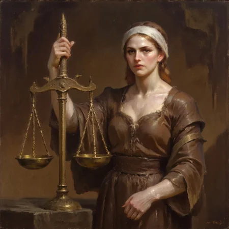 Dark-Fantasy-Cardd-V.2.0 style dark fantasy oil painting a portrait that features a The scales of justice, symbol of justice, mythology and religion, gods and goddesses, Justitia: The Roman goddess of justice, Justitia was often portrayed wearing a blindfold and holding a sword and scales that were evenly balanced. The scales of justice symbolize the importance of finding a solution that addresses all parties involved, including the guilty, the innocent, and the law itself.