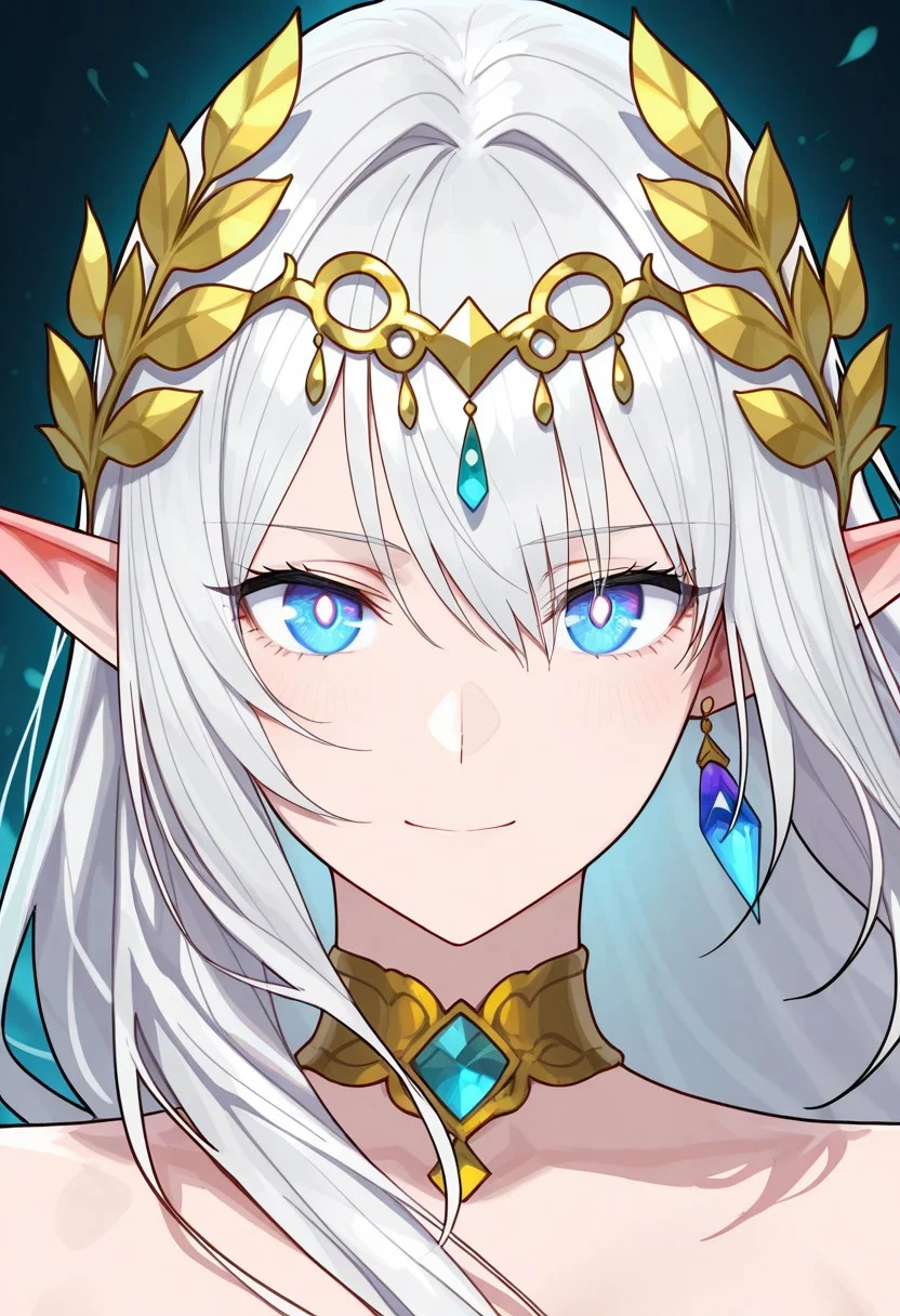 (masterpiece), (best quality), (ultra-detailed) A stunning silver-haired female elf with striking blue eyes, elegantly adorned with a golden laurel headpiece, intricate gemstone jewelry, and a finely crafted choker. She has delicate, ethereal features and a serene expression, embodying grace and mystique. Her long, flowing hair frames her face, Detailed eyes, colourful eyes detailed beautiful eyes, very high resolution eyes, black pupils, detailed beautiful eyes, sharped sightings, Light particle, medium shot, 70mm film, gorgeous lip, and her pointed ears are adorned with gold and blue crystal earrings. an elegant face, The background is a soft, pure white with gentle green leaves floating around, adding a sense of natural harmony. Rendered in a high-quality anime art style with fine details, soft shading, and a refined color palette, the portrait captures an enchanting fantasy aesthetic in a close-up, side-profile composition.