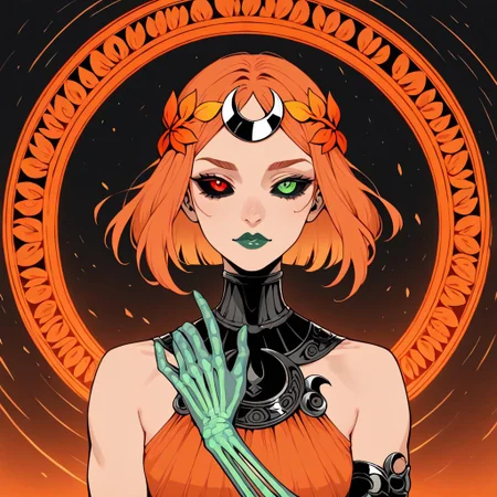masterpiece, best quality, newest, absurdres, highres, AGPV1.1, orange backgrond, monochrome,
1girl, melinoeehades-IL.V1.0, melinoe, green lips, hair ornament, laurel crown, heterochromia, green eyes, red eyes, mismatched sclera, black sclera,single elbow glove, skeletal arm