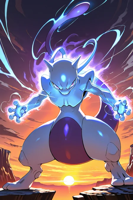 masterpiece, best quality, <lora:MewtwoPokedexIXL:1.0>, zzMewtwo, solo, no humans, standing on a rocky cliff, intense battle stance, glowing blue and purple psychic aura, rival pokemon in the distance, glowing horizon, cinematic sunset, swirling wind, dramatic lighting, epic confrontation, powerful and majestic